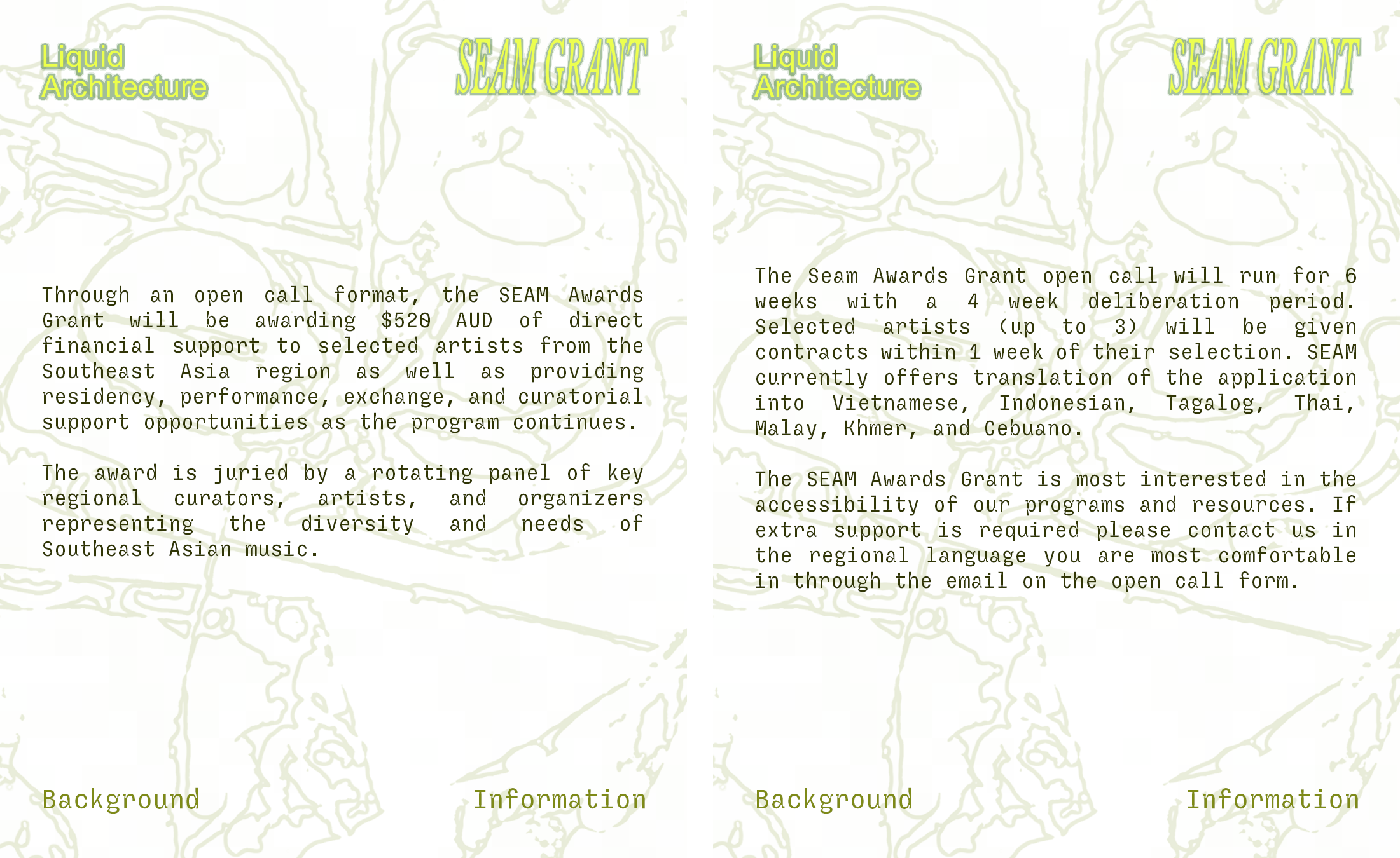 A flyer giving background information on Liquid Architecture's SEAM GRANT.